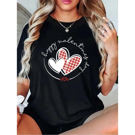 Happy Valentine's Day Red And White Checkered Hearts With Outline Womens Tshirt Grey White Dark Red