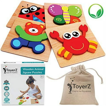 ToyerZ Wooden Jigsaw Puzzles for Toddlers, Educational Toy for 1 2 3 Years old Boys &Girls, 4 Animal Shapes Puzzles in a Gift Box. Colorful Montessori Learning Toy.