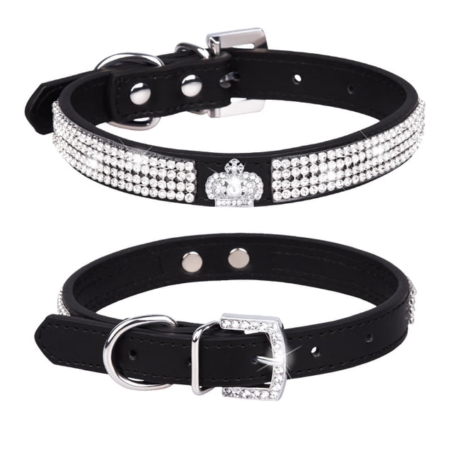 m-CP376-1 Negro - Collar ajustable de 2 piezas de piel sintética con diamantes de imitación para perros y gatos pequeños