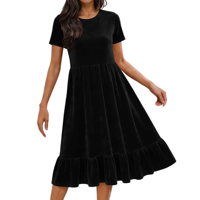 JGGSPWM Robe Vintage en Velours pour Femme Couleur Unie Ample Col Rond Manches Courtes Taille Élastique à Volants Superposés Ligne A Fluide Robe Maxi Noir TG