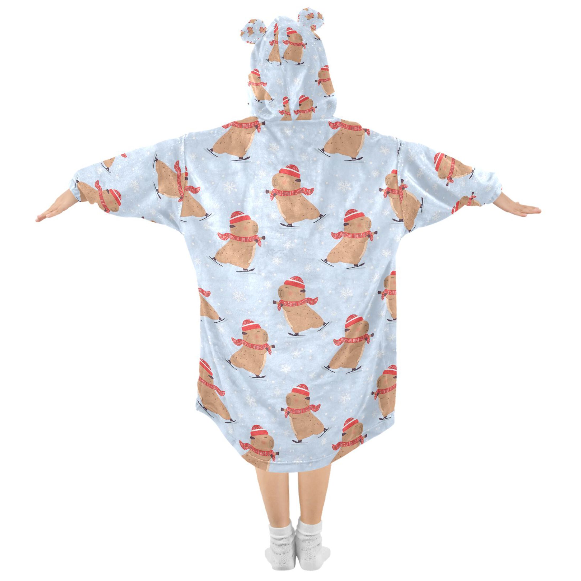 Wearable Blanket Hoodie for Capybara Skate Snowflake Pattern Flannel Hooded Blanket with Pockets and Sleeves Suitable