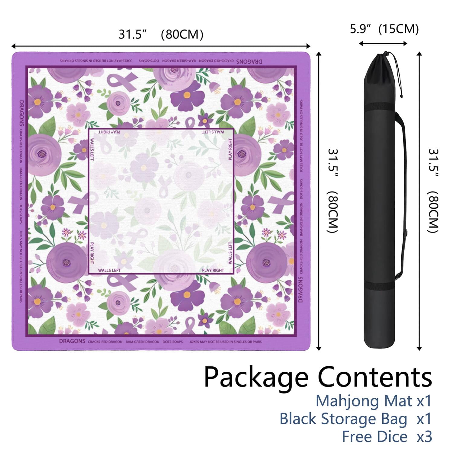 Flower Mahjong Mat with Rules, 31.5*31.5in Anti Slip American Mahjong Mat for Table, Noise Reduction, Neoprene Mah jongg Mats with Carrying Bag & 3 Dices, Mahjong Set Gift, Board Tile Games Mats