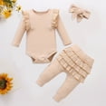 thumbnail image 2 of NOLDARES Newborn Baby Girl Fall Winter Outfits Clothes Cute Long Sleeve Ruffle Romper Pants Headband Set 0-24M(Beige,6-12 M), 2 of 4