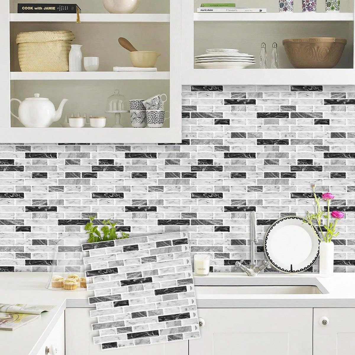 Peel and Stick Backsplash Vinyl Tiles in Grey Marble Bathroom Waterproof Self-Adhesive Mosaic Wall Decoration ( set of 10)