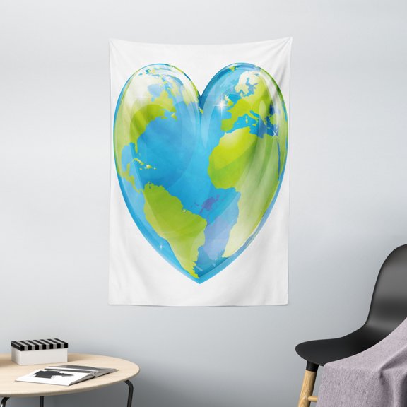 Earth Tapestry, Vibrant Globe of Earth in Heart Shape Love The World Care for Environment, Wall Hanging for Bedroom Living Room Dorm Decor, 40W X 60L Inches, Light Blue Lime Green, by Ambesonne