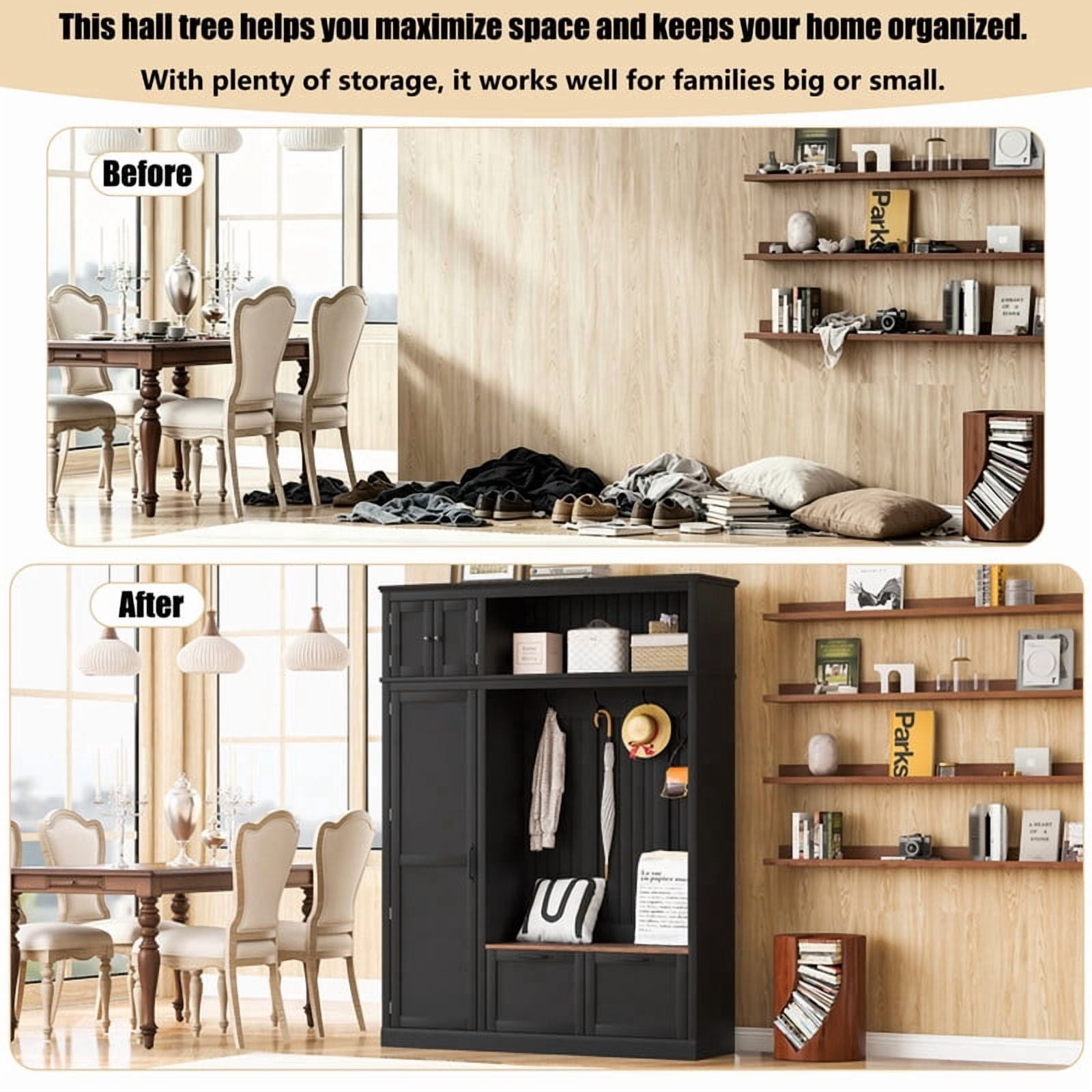 3-in-1 Hall Tree with Storage Cabinet & Adjustable Shelves, Heavy-Duty Storage Bench Entryway Organizer with Hooks & Drawers
