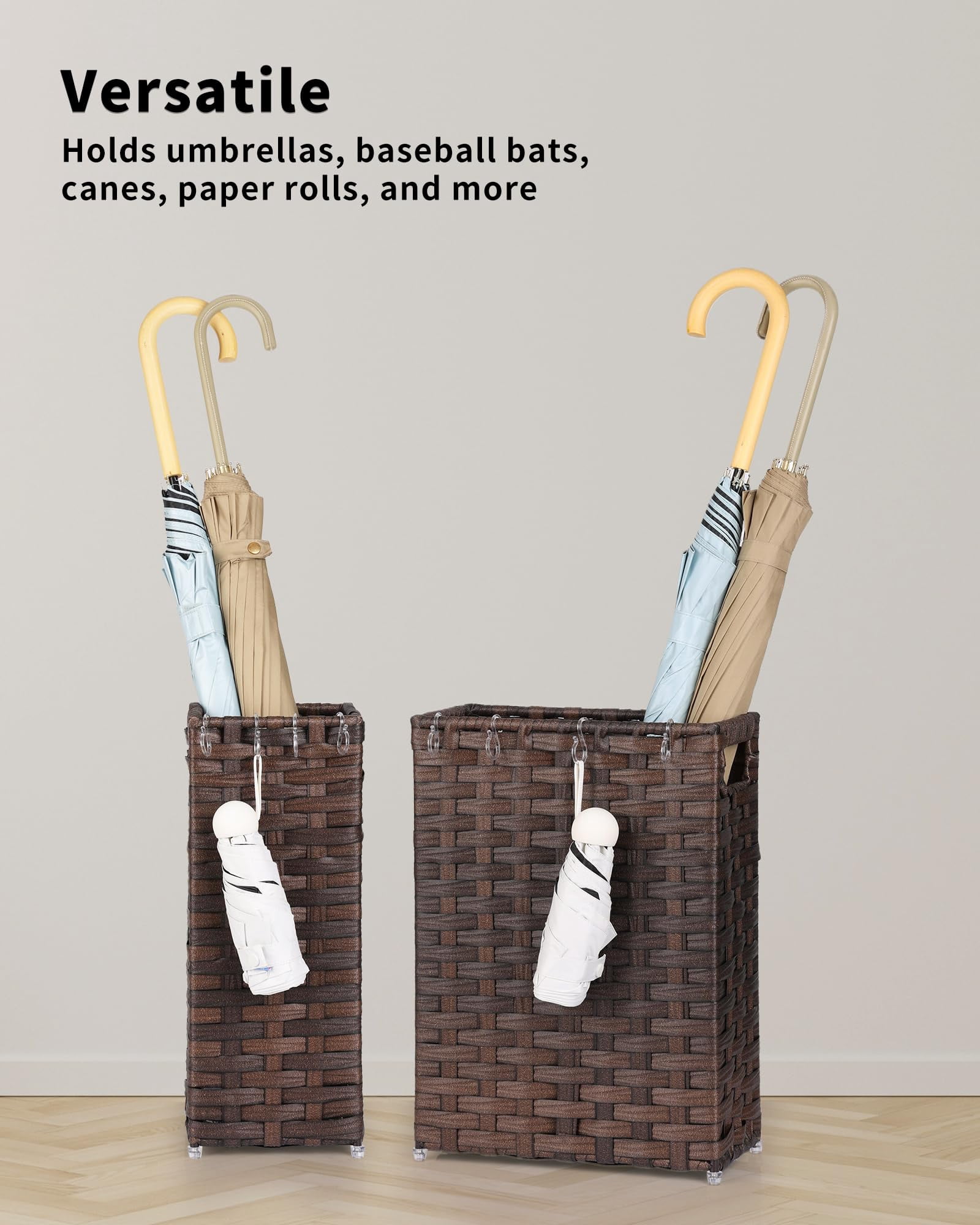 Rattan Umbrella Stand, Umbrella Holder for Entryway, Hand Woven Umbrella Rack Organizer Freestanding, with a Detachable Drip Tray, 4 Hooks, 11.8" L x 5.5" W x 16.5" H