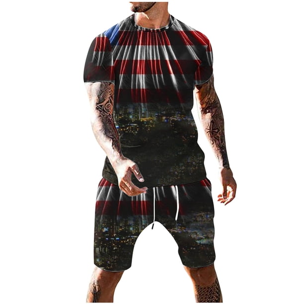 Mens Pantalones Casuales Cuello Redondo Impresión de Manga Corta Blusa Y Pantalones Cortos Traje, Pantalones de Traje para Hombres