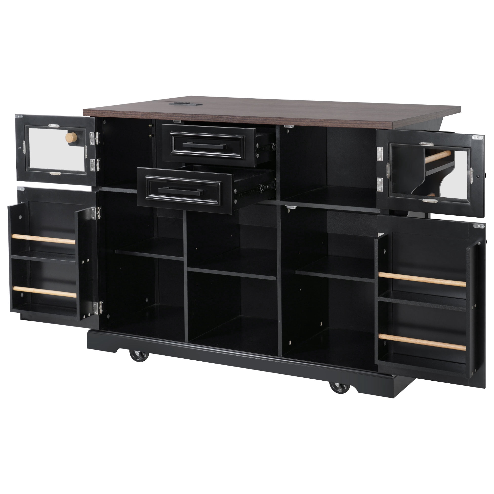 Harper & Bright Designs Kitchen Island with Drop Leaf and Wheels, Kitchen Storage Cart with 4 Door Shelves, Farmhouse Rolling Kitchen Island with Power Outlet and Visual Glass Door, Black