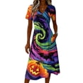 thumbnail image 4 of Women's Halloween Dresses Pumpkin Spider Webeb V Neck Funny Midi Dresses Castle Ghost Short Sleeve Spooky Sundress, L, 4 of 5