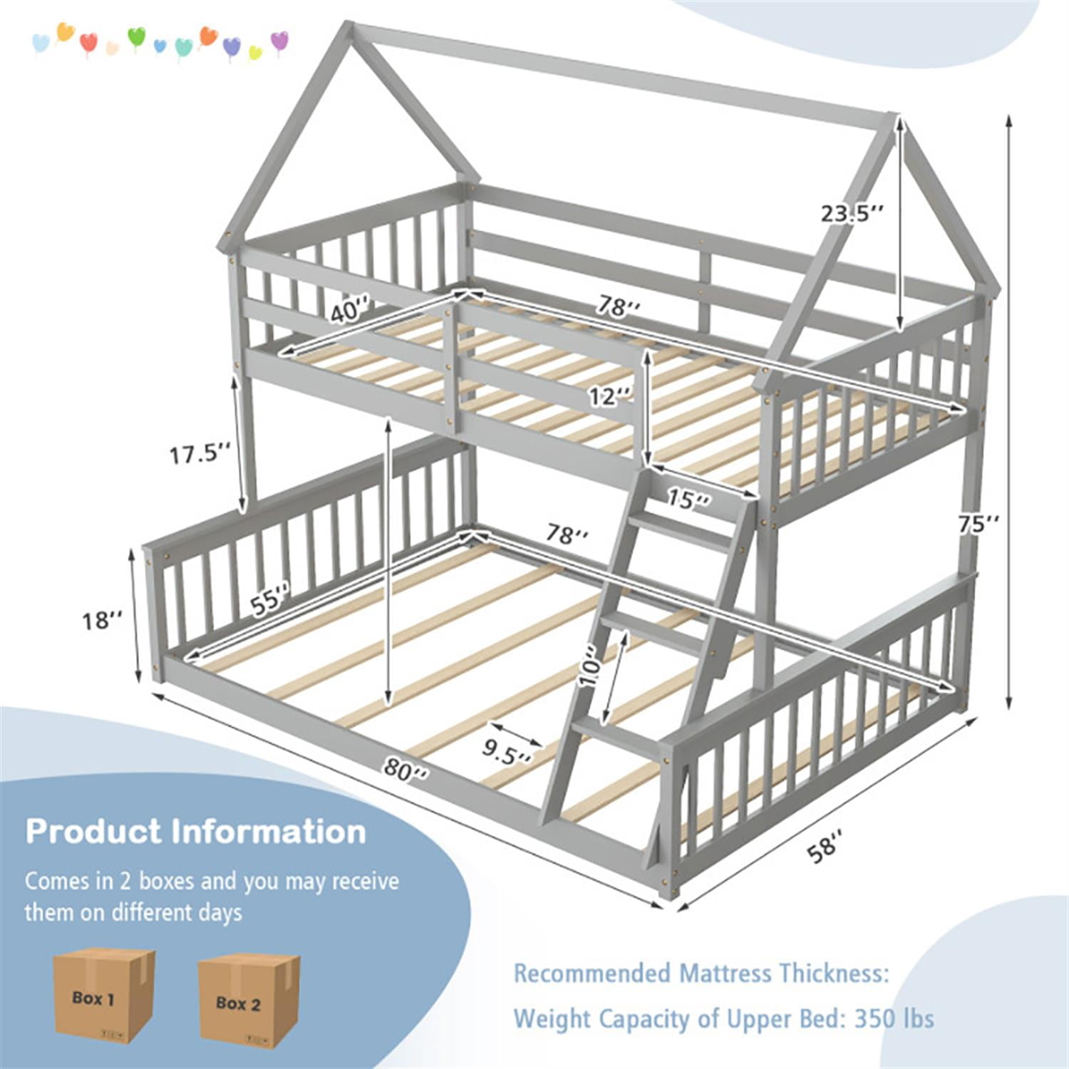 Demi Bonn Twin Over Full Bunk Bed with Ladder and Guardrails, House Twin Bunk Beds, Bed Frame, Gray