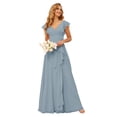 thumbnail image 1 of Vestido de dama de honor TIRAS con cuello en V y volantes fruncidos en chifón azul empolvado, 1 of 7
