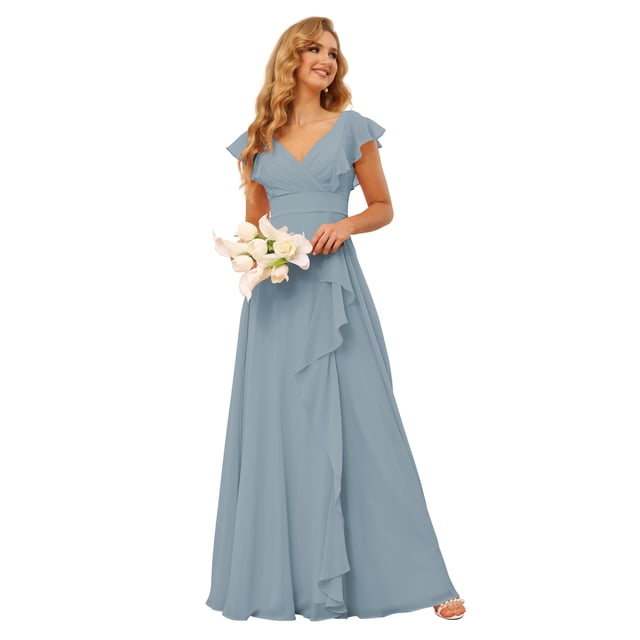 Vestido de dama de honor TIRAS con cuello en V y volantes fruncidos en chifón azul empolvado