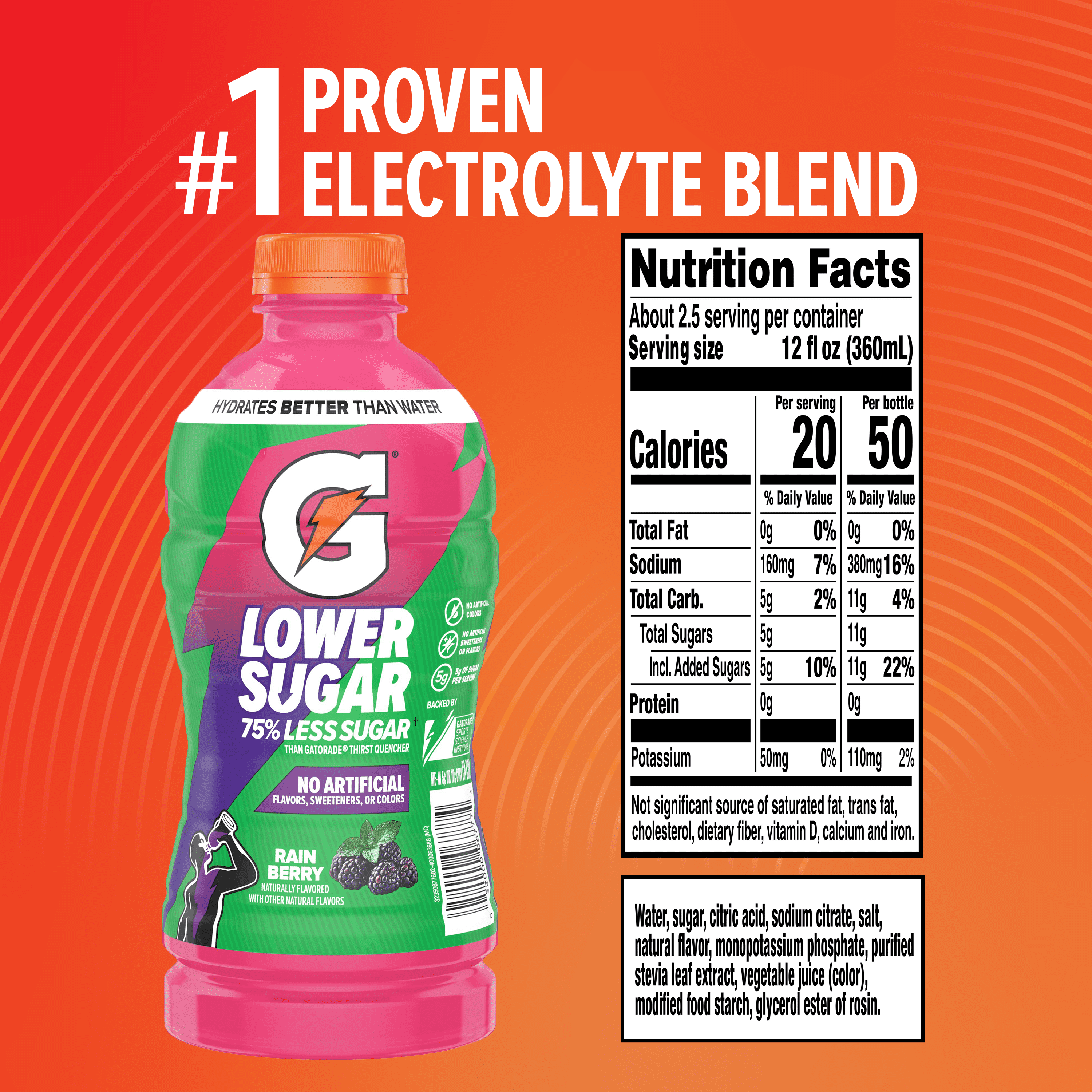 Gatorade Lower Sugar, No Artificials Rain Berry Flavored Electrolyte Sports Drink, 28 fl oz, 75% Less Sugar, Hydration