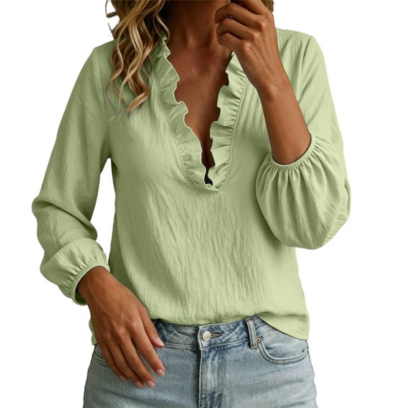 cocolona Ruffle V Neck Blouses for Women Long Sleeve Solid Color Shirts Fall Trendy Casual Vacation Outfits Tops