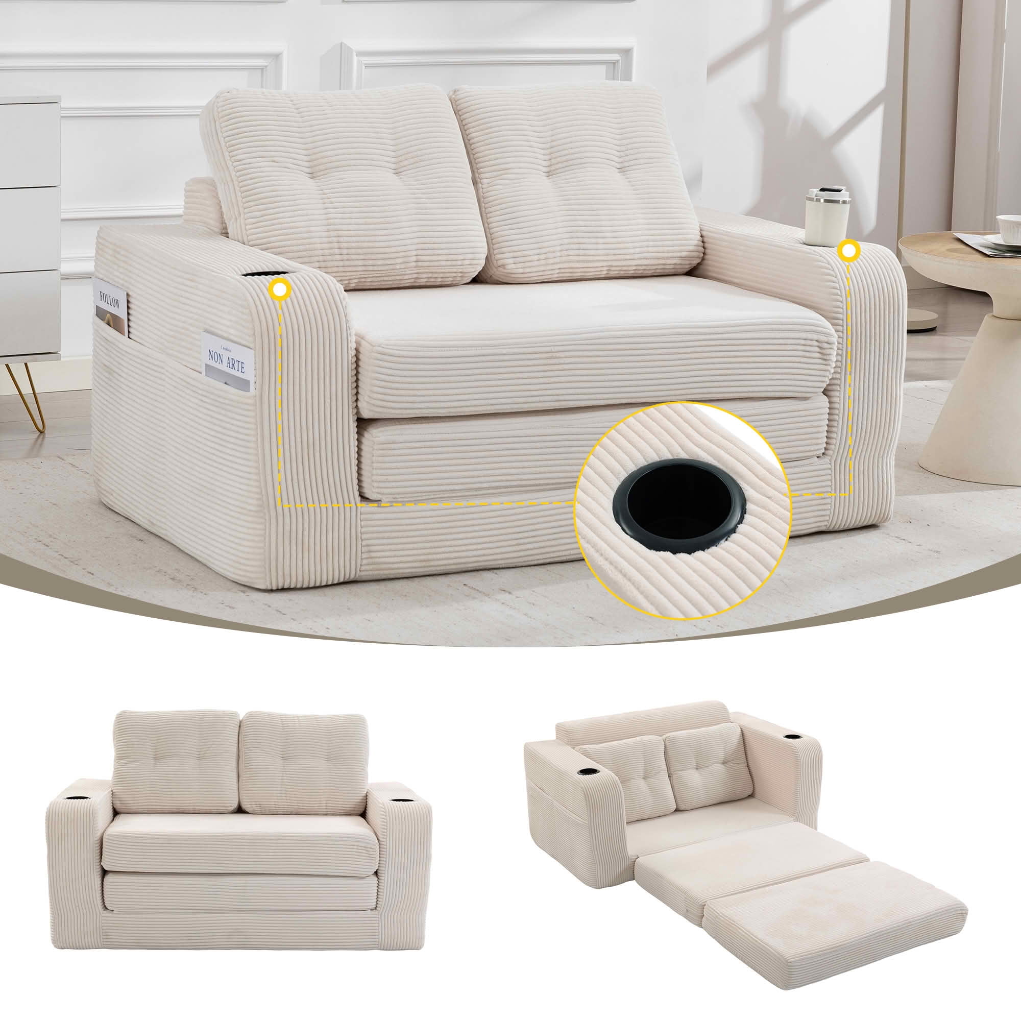 MAYEERTY 2-in-1 Convertible Expandable Sofa Bed, Fold Out Corduroy Floor Couch with Pillows, Side Pockets & Cup Holders for Bedroom Small Living Room