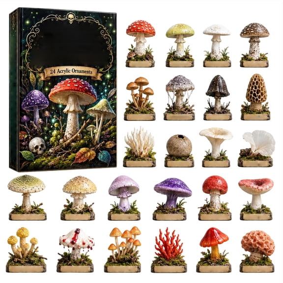 Set of 24 Acrylic Mushroom Ornaments with Wooden Bases and Moss, Assorted Fantasy Mushroom Designs, for Gothic Room Decor and Halloween Party Favors, Wall Decorations