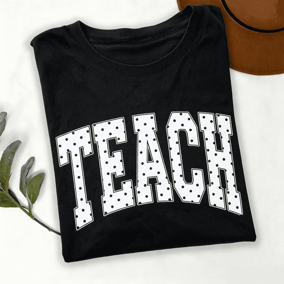Women's "TEACH" Polka Dot Varsity Letter Graphic T-Shirt, Casual Teacher Short Back To School Casual Short Sleeve Tee,Teacher Life