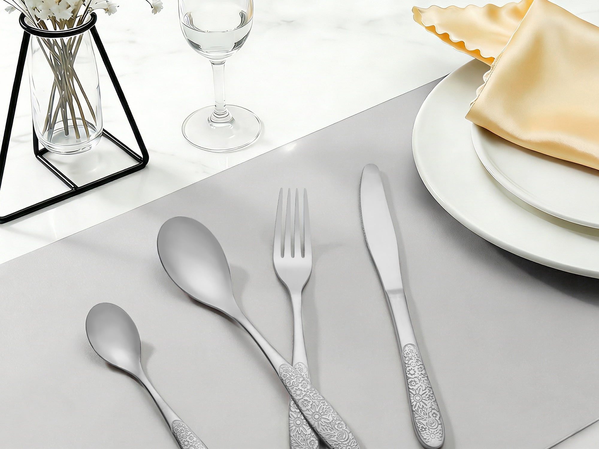 Unique Bargains 4 Piece Stainless Steel Floral Flatware Silver 4