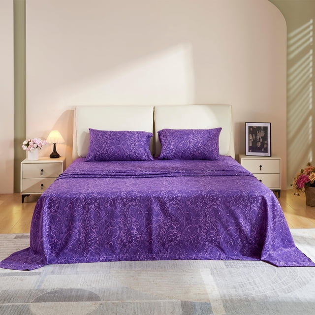 King Size Bed Sheets Set PC Soft Cooling Thread Count Microfiber Printed Sheet Deep Pocket Breathes Better Machine Washable Tropical Palm Tree Fronds Patterned Double