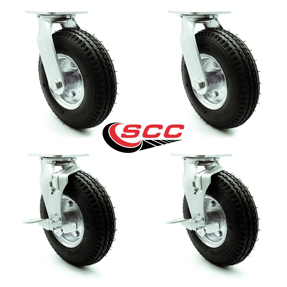 8" Pneumatic Caster Set of 4 2 Swivel with Brakes/2 Swivel Black