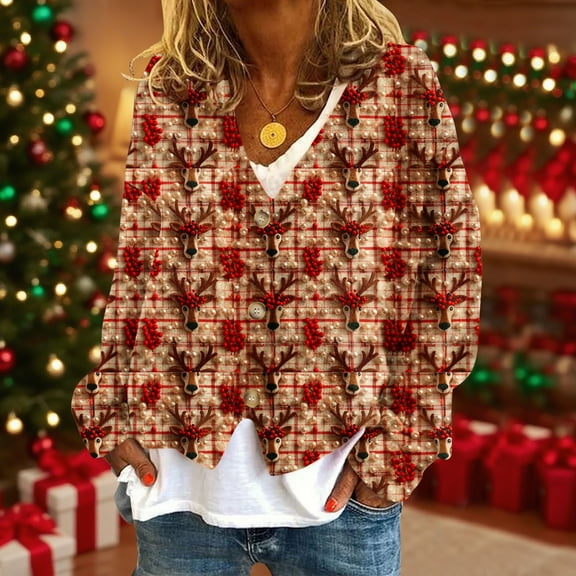 AUNVITO Women's Christmas Print Cozy Fleece Button Front Cardigan Long Sleeve Casual Outerwear Soft Loose Fit Festive Blouse