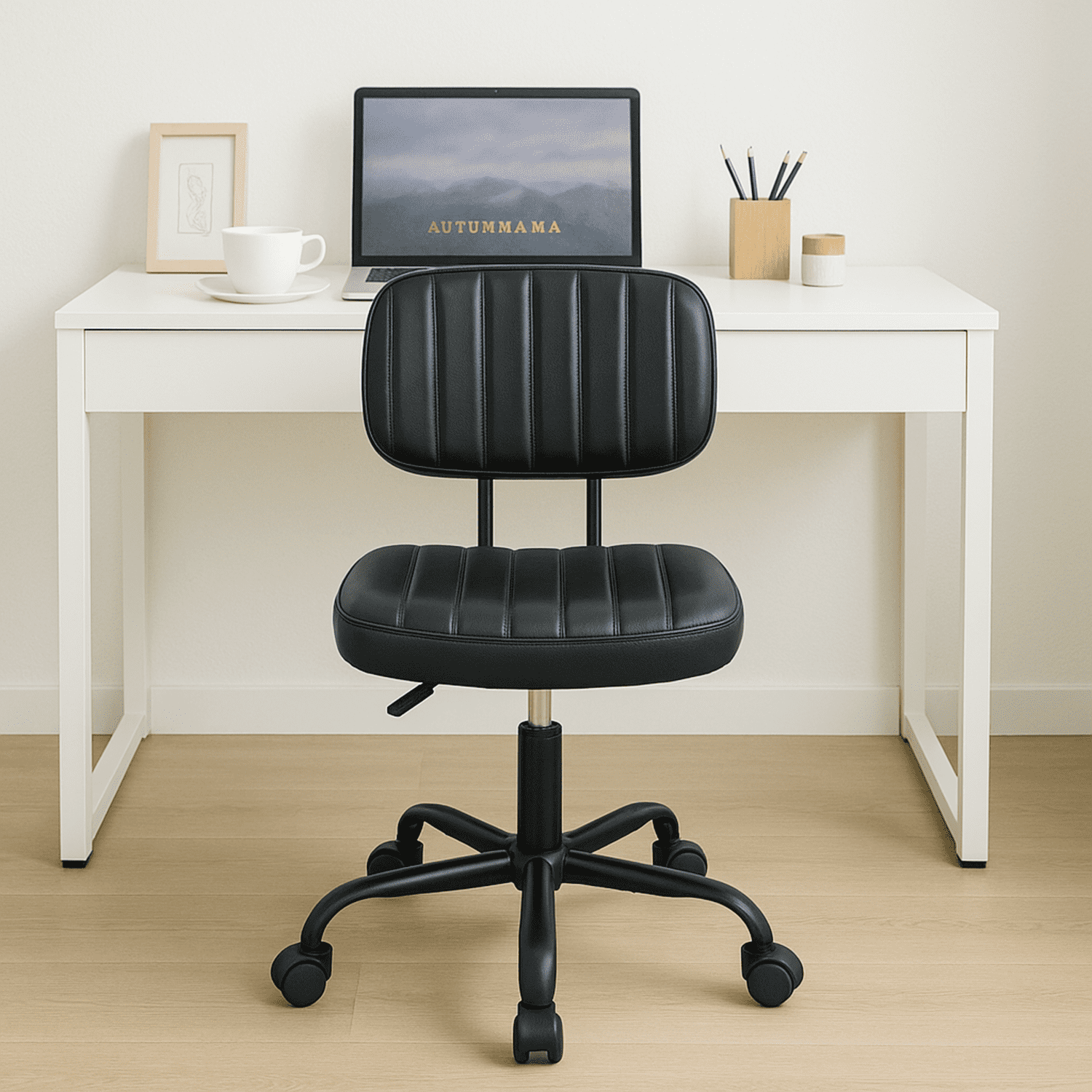 LIFERECORD PU Leather Armless Home Office Desk Chair, Small Ergonomic Task Chair for Adults and Students, Low Back Seating with Swivel, Adjustable Height, Rolling Wheels, Black