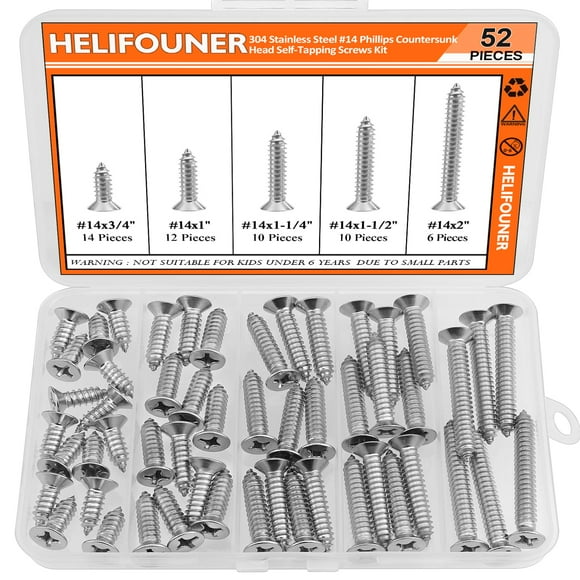 #14 X 3/4"" 1"" 1-1/4"" 1-1/2"" 2"" Wood Screws Set Helifouner 52 Pieces Phillips Countersunk Head Self-Tapping Screws Assortment Kit Phillips Flat Head Wood Screws 304 Stainless Steel