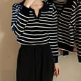 thumbnail image 2 of ZHENHONG V Neck Shirts for Women Long Sleeve, Women's Vintage Striped Long Sleeve Knitted T Shirt In Contrasting Colors Going Out Summer Tops, 2 of 5
