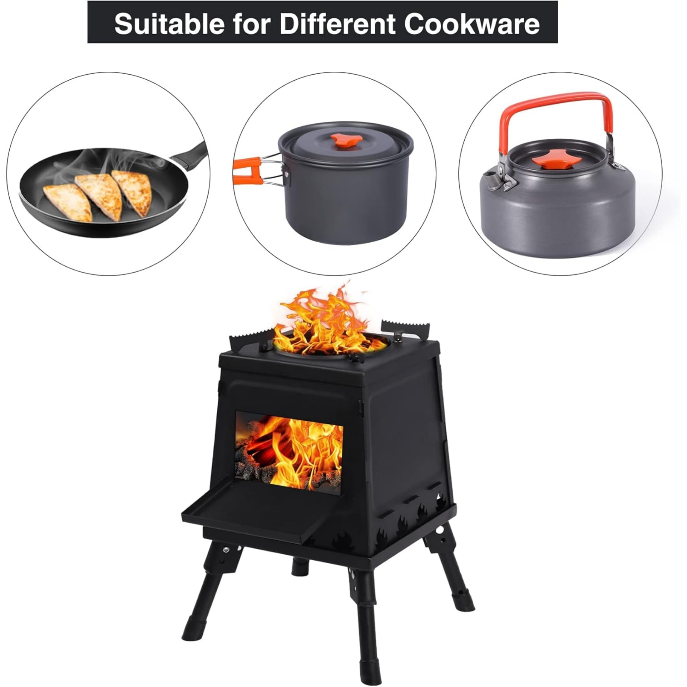 REDCAMP Wood Burning Camp Stove, Portable Cast Iron Camping Wood Stove, Black Woodstove with Carrying Case for Backpacking Outdoor Cooking