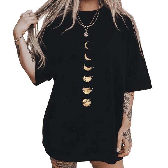 Lunar Cat Phases Print Tshirt Black S-5XL Serene Celestial Graphic Tees Shirts Tops