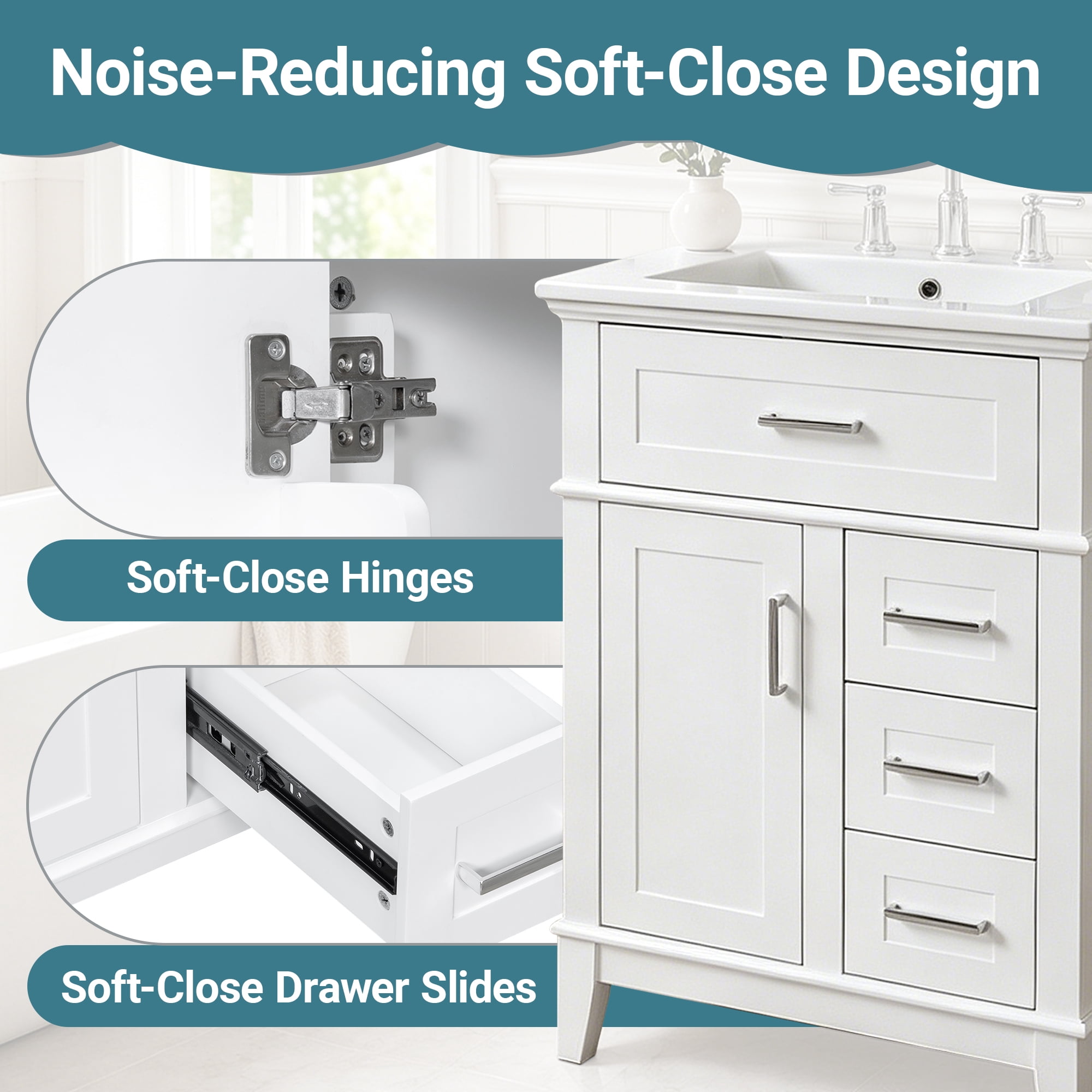 GARITIN 24 Inch Bathroom Vanity with Ceramic Sink, Solid Wood Frame & MDF Cabinet, 1 Door, Flip Drawer & 3 Drawers, Soft Close Hinges, Adjustable Shelf, White