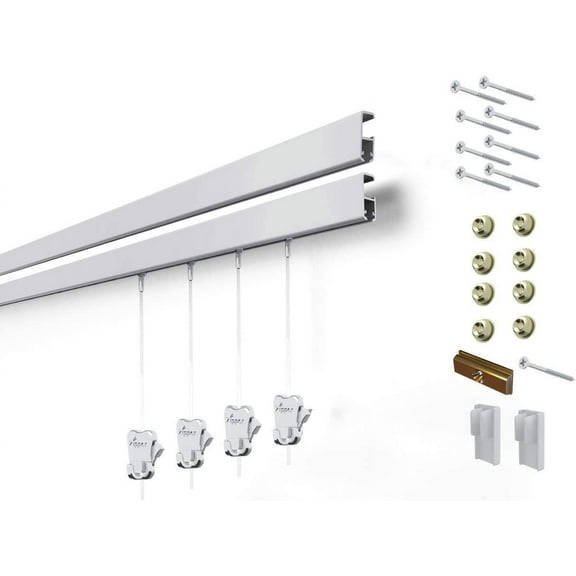 STAS Cliprail Pro Picture Hanging System Set - Covers 29.53 ft of Wall Space - Heavy Duty Picture Rail & Art Hanging Gallery Kit Without Nails - Home or Museum Matte Silver Rails, 12 Hooks & Cords