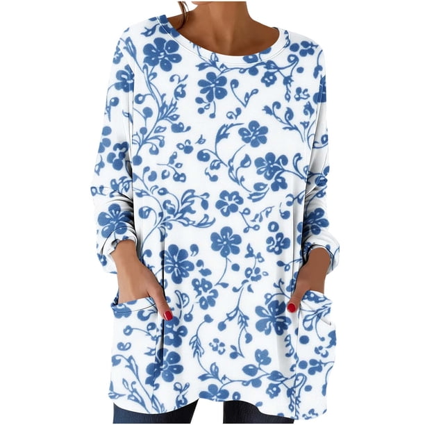 Camiseta de Cuello Redondo Impresa Casual de Manga Larga de las Mujeres, Top de Ajuste Suelto con Bolsillo para el Uso Diario