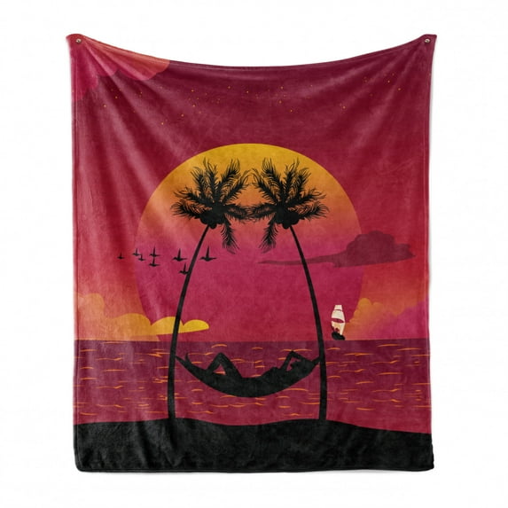Island Soft Flannel Fleece Throw Blanket, Girl Lying down in a Hammock Caribbean Coast Relax Vacation Sunset, Cozy Plush for Indoor and Outdoor Use, 50" x 70", Dark Coral Orange, by Ambesonne
