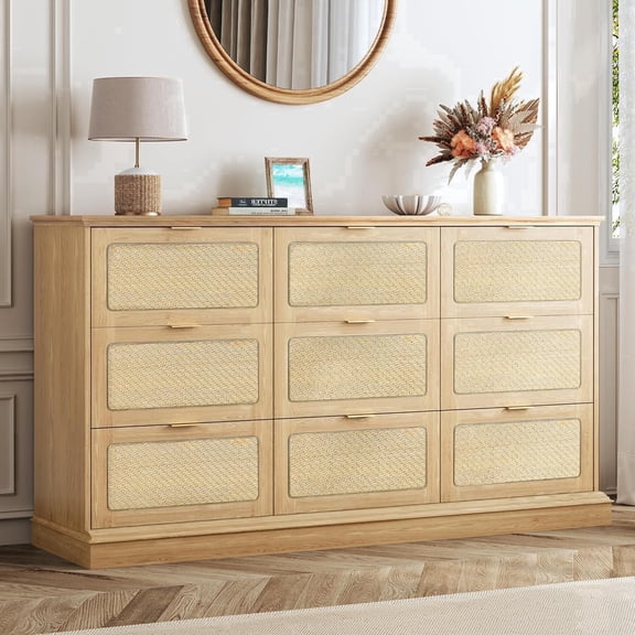 60" Rattan Dresser for Bedroom with 9 Drawers, Modern Dresser for Living Room, Natural Oak