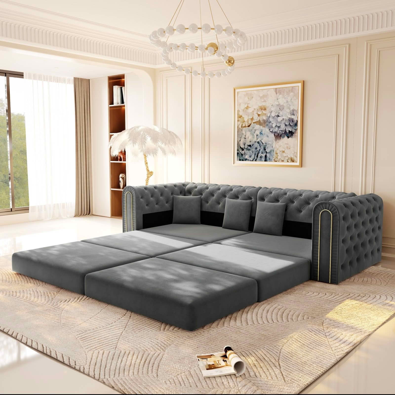 MAYEERTY 90.6" 3‑in‑1 Convertible Sleeper Sofa, Modern Velvet 3‑Seater Couch with Tufted & Gold Trim, Movable Ottoman, 4 Pillows Included