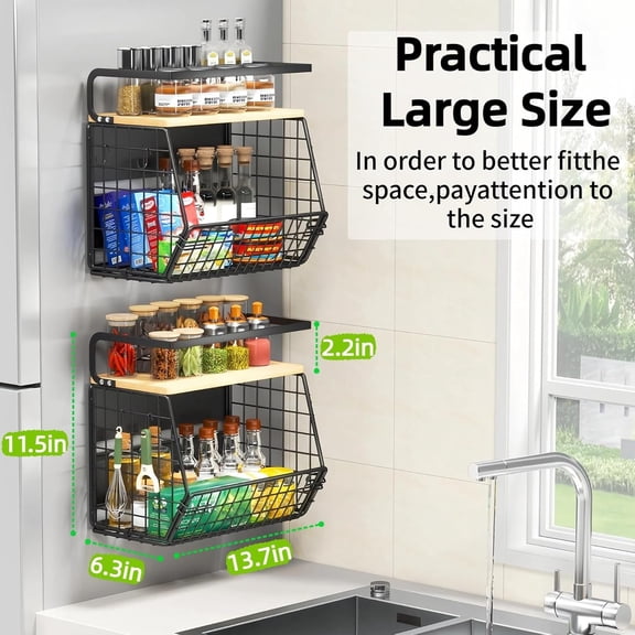 Magnetic Shelf for Fridge with Bamboo Lid,Fruit Vegetable Potato and Onion Wire Basket, Refrigerator Magnetic Spice Rack for Countertops, Cabinets, Laundry Rooms and RVs (Black, 2 Pack)