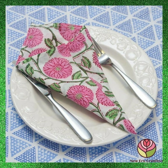 New Era Creation Pink and Green Pure Cotton Napkins with Hand Block Print Wedding Event Party Home Farmhouse Restaurant Gift Cocktail,Dinner