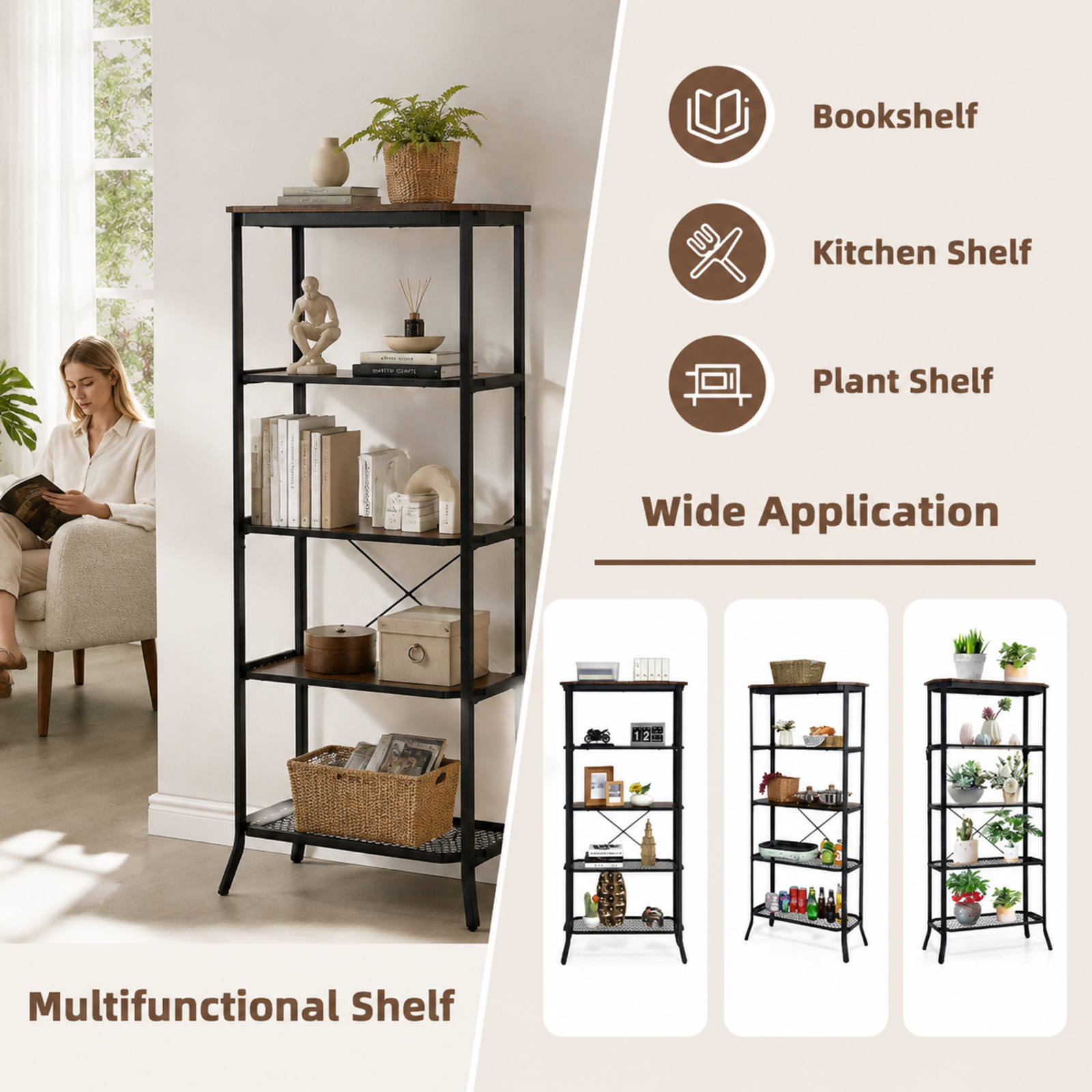 Furnibear Industrial 5-Layer Bookshelf with Out-Stretched Legs for Living Room Home Office Bedroom Display Storage Shelf, Rustic Brown