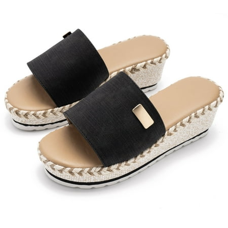 

Bellella Womens Wedge Sandals Ladies Patform Sandals Summer Espadrilles Slide Sandals Beach Slip On Casual Shoes Black US 9