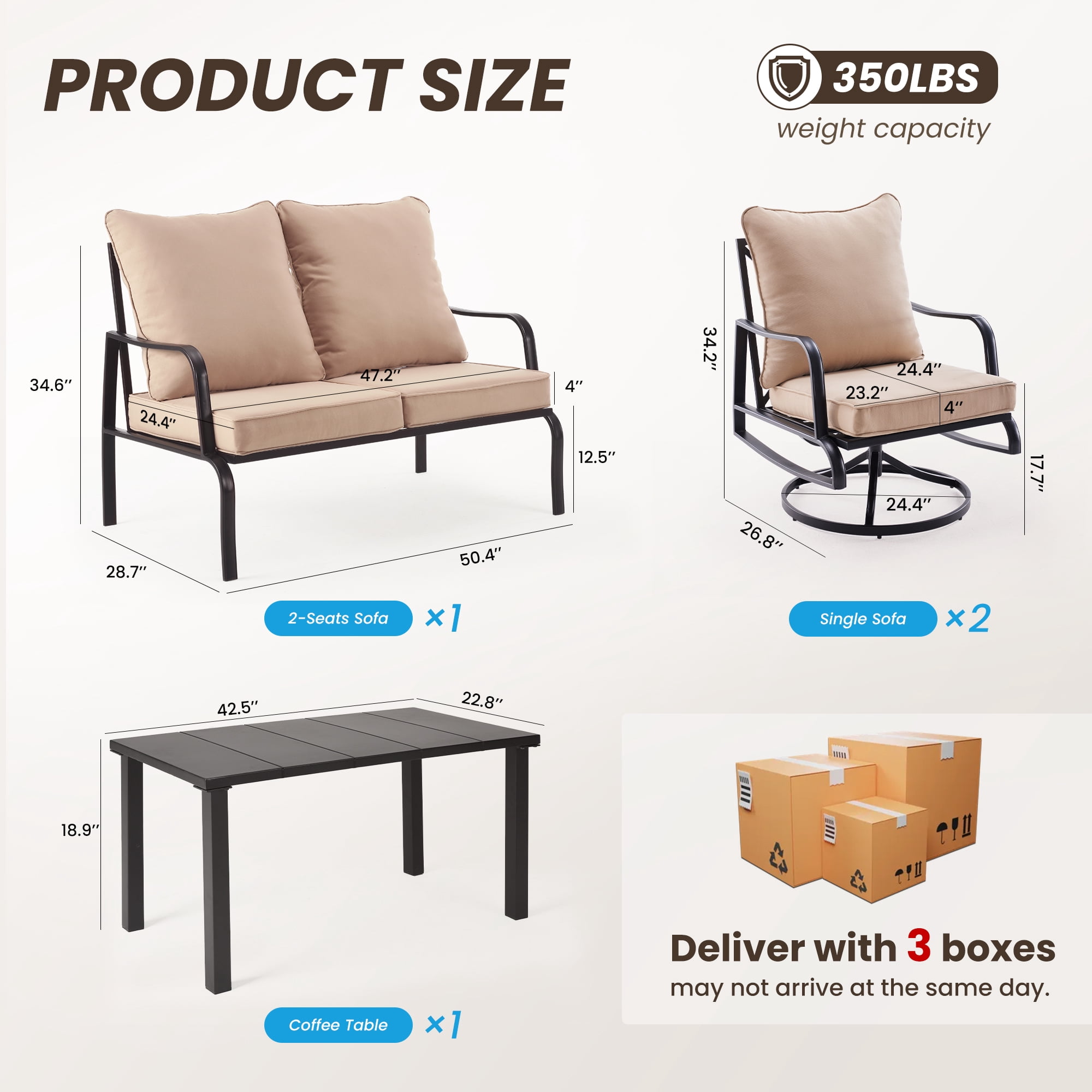 MAYEERTY 4-Piece Metal Frame Outdoor Patio Set with 2 Swivel Chairs, 1 Loveseat, and 1 Coffee Table