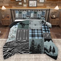 Homewish Western Cowboy Print Bedding Comforter Set for Men, Green Blue Buffalo Patchwork Twin Comforter Sets, Rustic Farmhouse Reversible Bedding Set, Super Cozy Room Decor, 2pcs