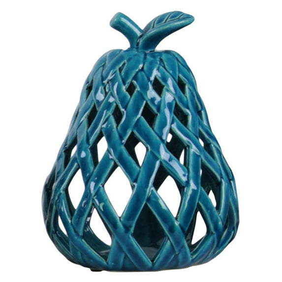 Ceramic Pear Figurine with Leaf on Stem and Cutout Design Body LG Coated Finish Blue