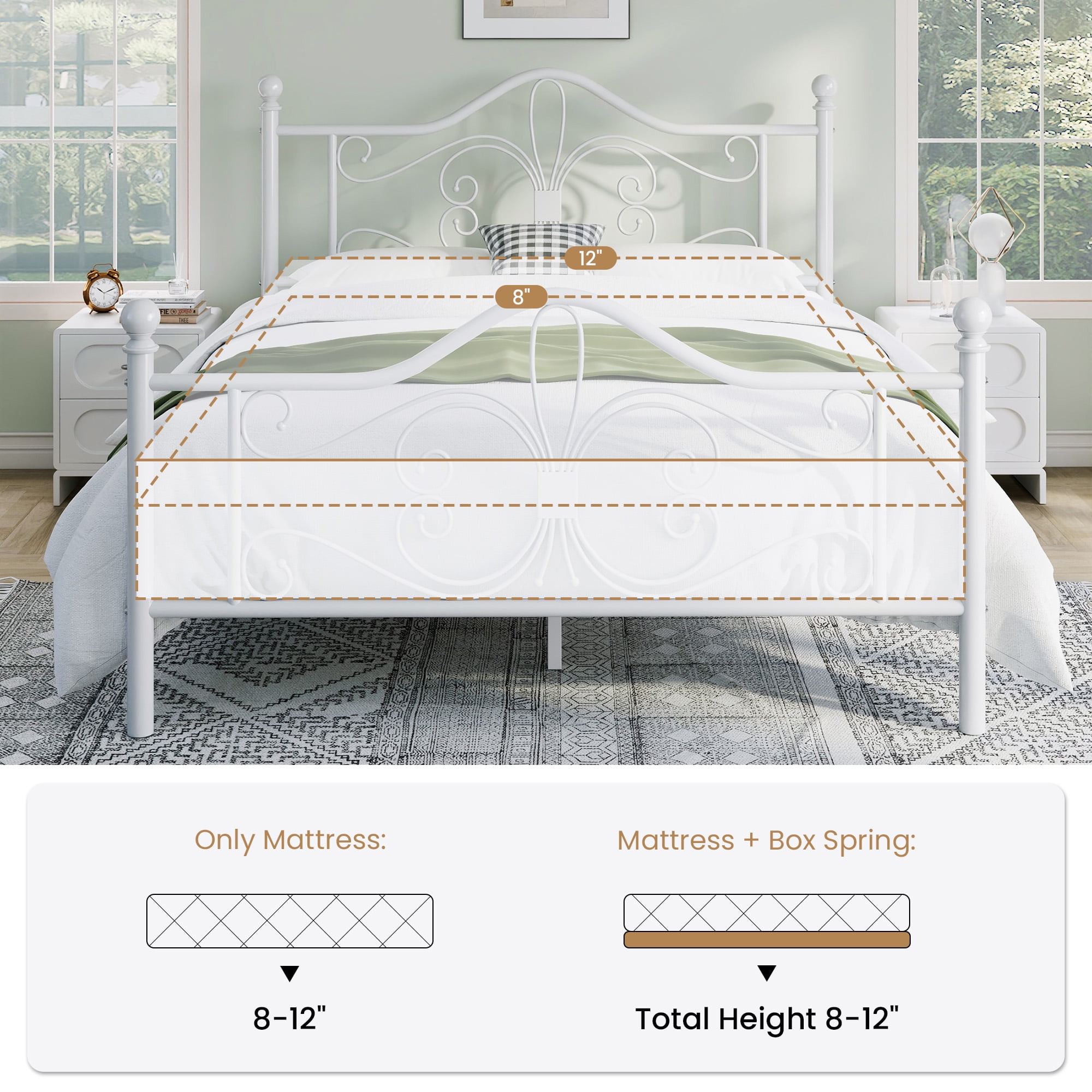 Sha Cerlin Queen Size Metal Platform Bed Frame with Victorian Vintage Butterfly Headboard&Footboard, White