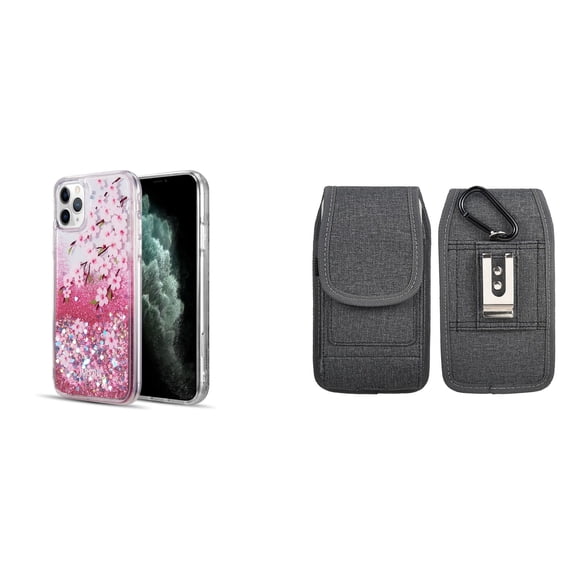 Liquid Glitter Case for iPhone 14 Pro and Belt Holster Pouch (Cherry Blossom/Gray)