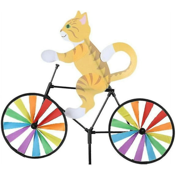 3D Cat Dog Riding Bike Windmill,Innovative Cartoon Shape Windmill,Yard Art Decoration Garden Ornament Wind Spinner,Yellow Cat