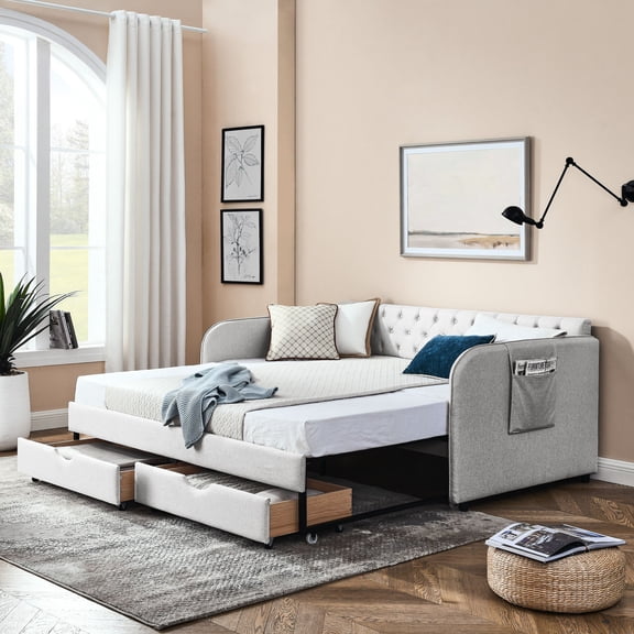 Twin to king daybed with button tufted back and flat arms for various rooms offers extra storage and stable backrest