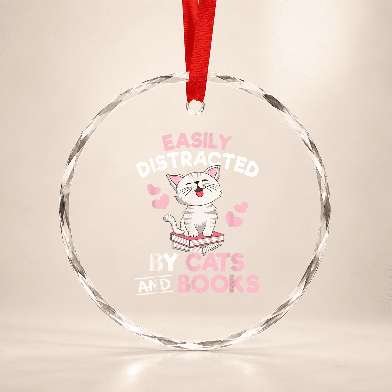 Easily Distracted By Cats And Books Cute Cat Book Lover Glass Ornament