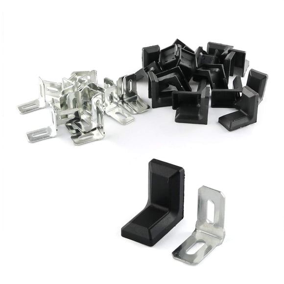 E-outstanding 20 soportes de esquina de metal en forma de L de 90 grados, color negro, con cubierta de plástico y 40 tornillos M4 x 16 mm, herrajes ajustables para colgar en ángulo recto, junta de sop